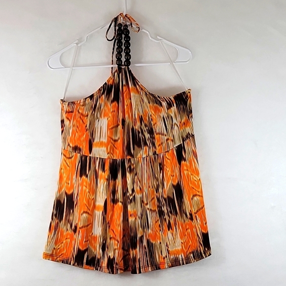 Suzie Couture Wood Bead Embellished Tie Open Shoulder Top Size L - Picture 1 of 6